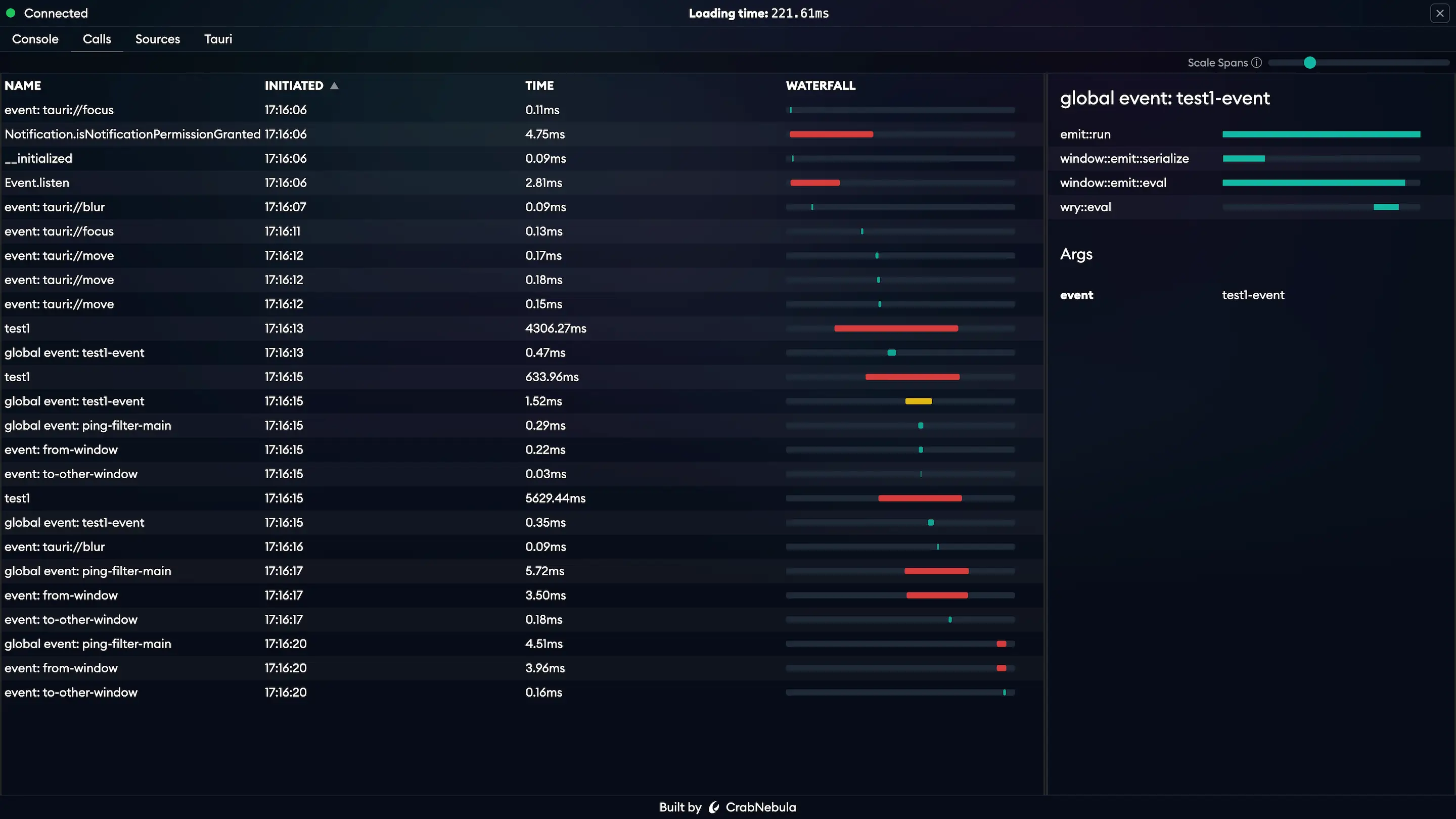 CrabNebula DevTools showing Tauri IPC calls and timing data